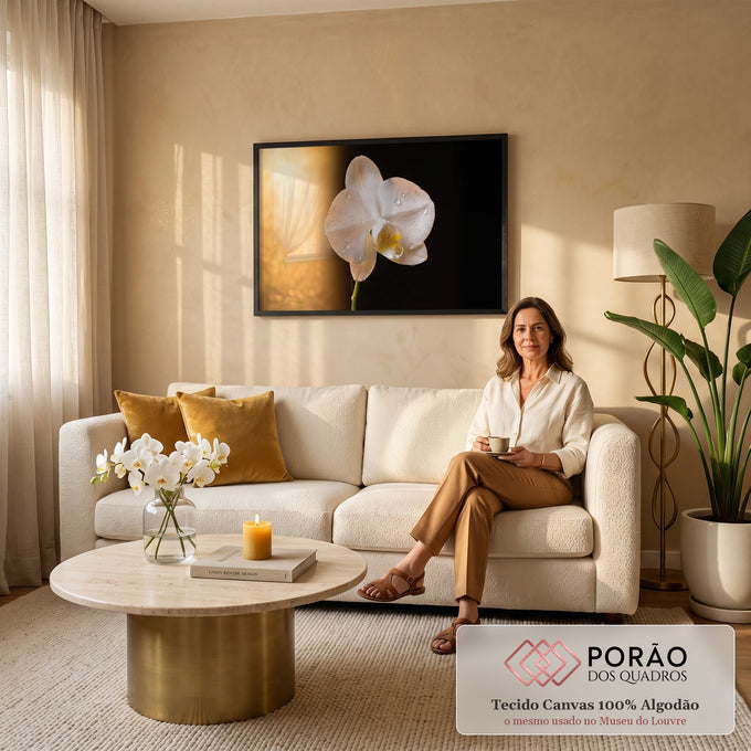 Quadro Decorativo Grande Orquídea Branca para Sala Branco | quadros decorativos para sala de estar | orquídea branca com gotas de água sobre fundo dourado e preto | em ambiente 3 | Porao dos Quadros