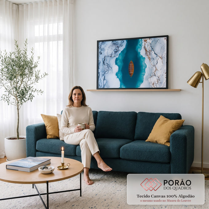 Quadro Decorativo Grande Barco Rio Turquesa Gelado para Sala | quadros decorativos para sala de estar | vista aérea de barco de madeira vazio em rio turquesa entre margens de neve e gelo | em ambiente 3 | Porao dos Quadros