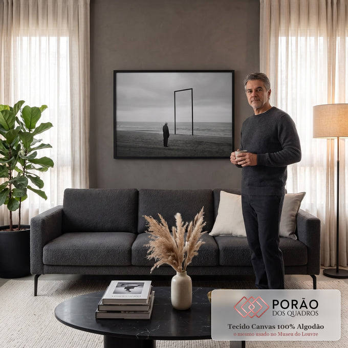 Homem idoso diante de portal metálico na praia sob céu nublado, em preto e branco, quadro decorativo
