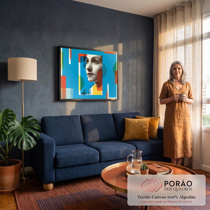 Quadro Decorativo Grande Retrato Pop Art Azul para Sala | quadros decorativos para sala de estar | retrato feminino em efeito meio-tom sobre fundo azul com blocos geométricos coloridos | em ambiente 3 | Porao dos Quadros