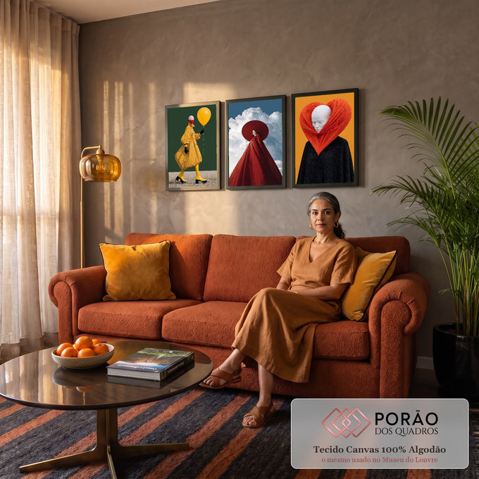 Quadro Decorativo Kit 3 Telas Surreal com Figuras para Sala | quadros decorativos para sala de estar | tríptico surreal com figuras de rosto branco em cenários amarelo, vermelho e laranja | em ambiente 3 | Porao dos Quadros