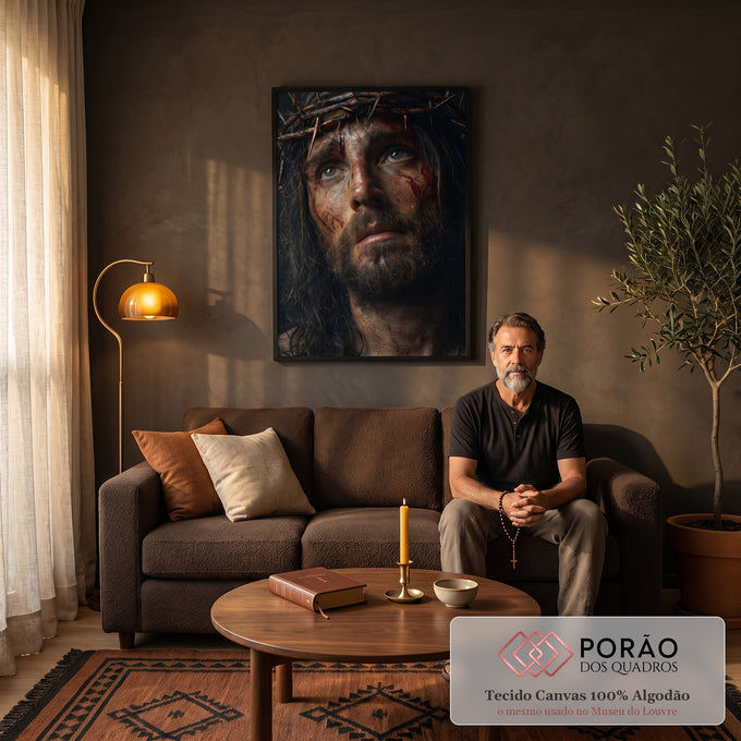Quadro Decorativo Grande Jesus Cristo Sofrimento para Sala | quadros decorativos para sala de estar | retrato de homem com coroa de espinhos e sangue no rosto, olhando para cima | em ambiente 3 | Porao dos Quadros