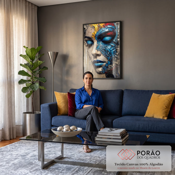 Rosto de mulher de olhos fechados fragmentado em lascas azuis, bege e toques amarelos, quadro decorativo