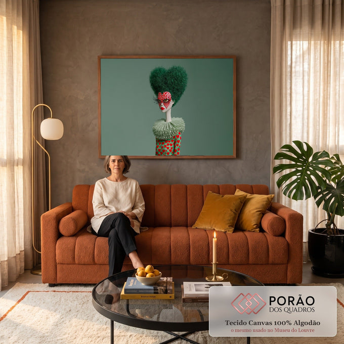 Mulher surreal com cabelo verde em forma de coração, máscara de corações e gola plissada, quadro decorativo