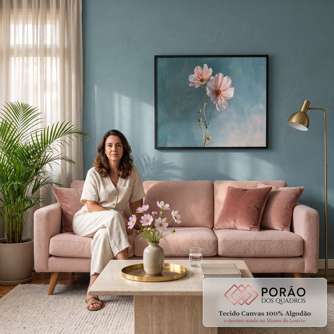 Quadro Decorativo Grande Flores Claro para Sala Rosa | quadros decorativos para sala de estar | duas flores cosmos rosa claro com miolo amarelo sobre fundo azul petróleo texturizado | em ambiente 3 | Porao dos Quadros