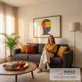 Quadro Decorativo Grande Rosto em Linhas para Sala Amarelo | quadros decorativos para sala de estar | rosto de perfil em linhas finas marrom com formas geométricas amarelas e vermelhas | em ambiente 3 | Porao dos Quadros