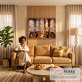 Quadro Decorativo Grande Última Ceia Bege para Sala Dourado | quadros decorativos para sala de estar | última ceia em salão dourado celestial com nuvens e raios de luz ao fundo | em ambiente 3 | Porao dos Quadros