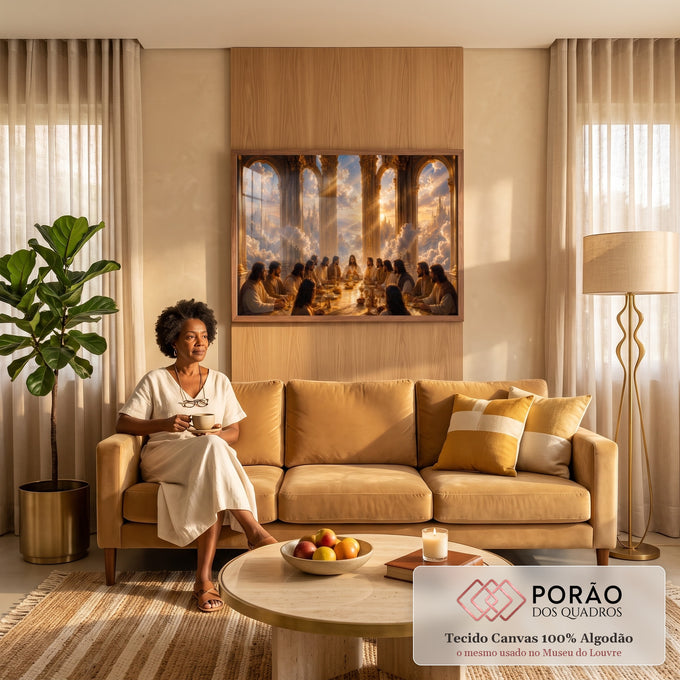 Quadro Decorativo Grande Última Ceia Bege para Sala Dourado | quadros decorativos para sala de estar | última ceia em salão dourado celestial com nuvens e raios de luz ao fundo | em ambiente 3 | Porao dos Quadros