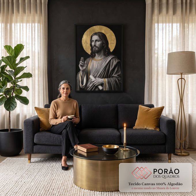 Quadro Decorativo Grande Jesus Auréola Dourada para Sala | quadros decorativos para sala de estar | retrato de Jesus Cristo em tons de cinza com auréola dourada e símbolos Alfa e Ômega | em ambiente 3 | Porao dos Quadros
