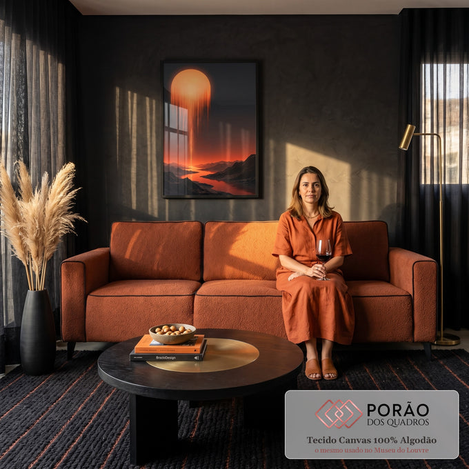 Sol laranja se desfazendo em raios de luz sobre rio entre montanhas escuras, quadro decorativo