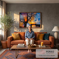 Quadro Decorativo Grande Árvore Seca Laranja para Sala | quadros decorativos para sala de estar | árvore seca em silhueta contra céu dividido entre pôr do sol, lua e nuvens azuis | em ambiente 3 | Porao dos Quadros