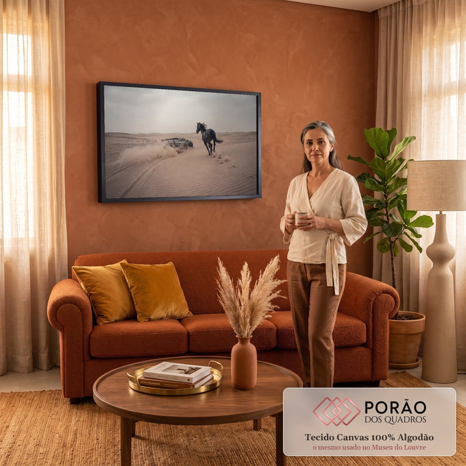 Cavalo negro galopando ao lado de carro esportivo levantando areia nas dunas do deserto, quadro decorativo
