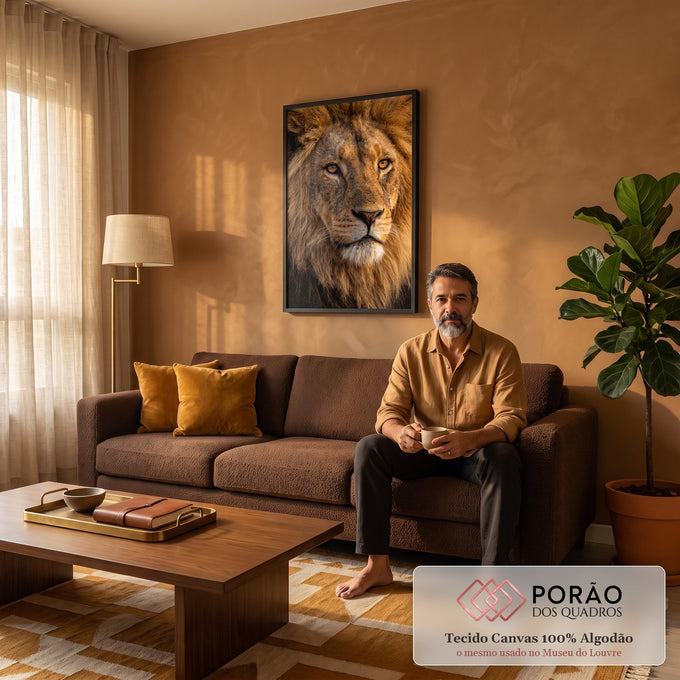 Close do rosto de leão com juba dourada e olhos âmbar em fotografia realista, quadro decorativo