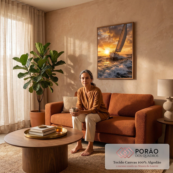Quadro Decorativo Grande Veleiro Branco para Sala Laranja | quadros decorativos para sala de estar | veleiro branco cortando ondas douradas sob céu de pôr do sol dramático | em ambiente 3 | Porao dos Quadros