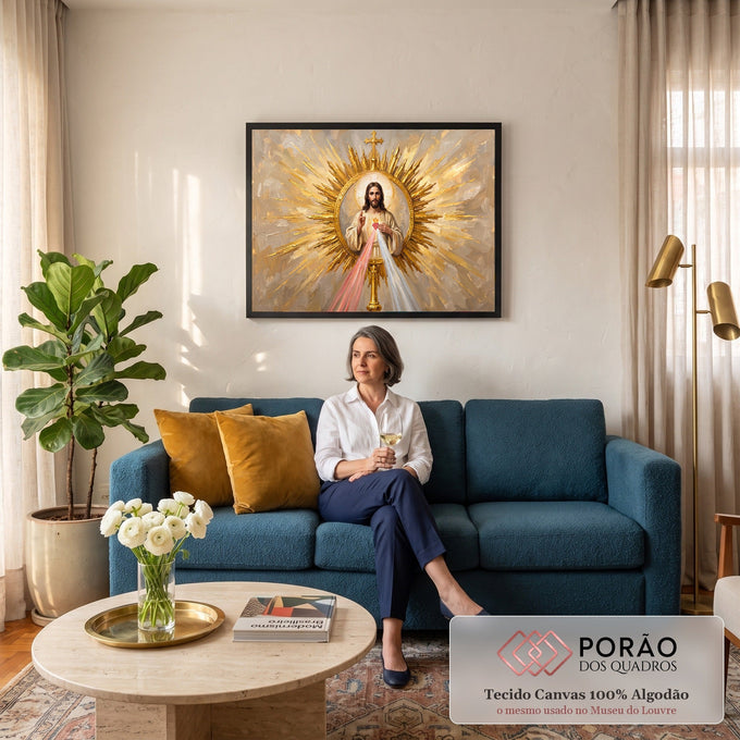 Jesus Misericordioso em ostensório dourado com raios de luz rosa e branca em pintura a óleo, quadro decorativo
