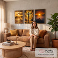 Quadro Decorativo Kit 3 Telas Cristo na Cruz para Sala | quadros decorativos para sala de estar | tríptico com Cristo crucificado ao centro, veleiro e pessoa no cume ao pôr do sol | em ambiente 3 | Porao dos Quadros