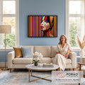 Mulher com rosto de miçangas coloridas olhando para cima, fundo listrado arco-íris, quadro decorativo