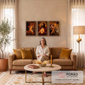 Quadro Decorativo Kit 3 Telas Jesus Cristo para Sala | quadros decorativos para sala de estar | Jesus Cristo com coroa de espinhos, leão dourado e cruz em chamas em três painéis | em ambiente 3 | Porao dos Quadros