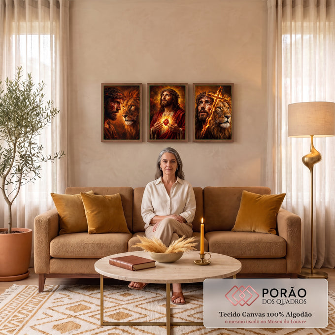 Quadro Decorativo Kit 3 Telas Jesus Cristo para Sala | quadros decorativos para sala de estar | Jesus Cristo com coroa de espinhos, leão dourado e cruz em chamas em três painéis | em ambiente 3 | Porao dos Quadros