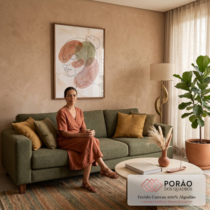 Quadro Decorativo Grande Tela de Pinturas para Sala Laranja | quadros decorativos para sala de estar | rosto feminino em arte linear sobre círculos de aquarela terracota, verde e rosa | em ambiente 3 | Porao dos Quadros