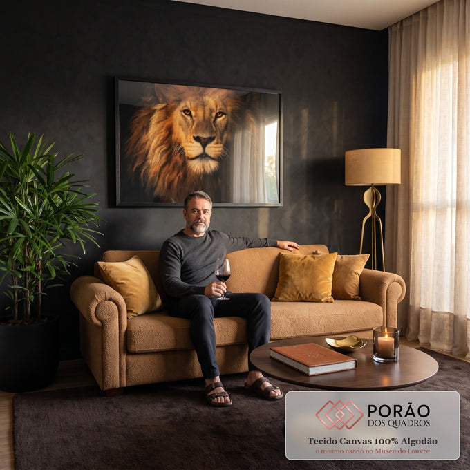 Quadro Decorativo Grande Leão com Olhar para Sala Dourado | quadros decorativos para sala de estar | retrato de leão com juba dourada e olhar fixo sobre fundo preto | em ambiente 3 | Porao dos Quadros