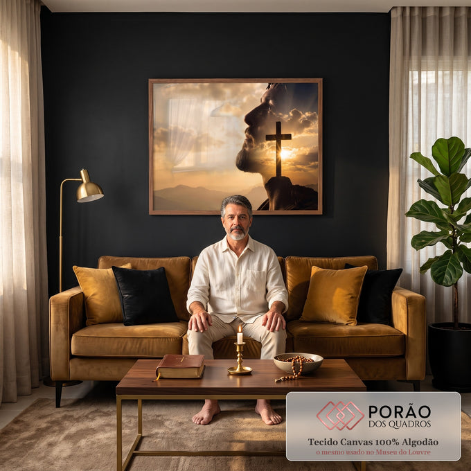 Quadro Decorativo Grande Jesus Coroa para Sala Dourado | quadros decorativos para sala de estar | perfil de Jesus com coroa de espinhos mesclado a céu dourado e cruz ao pôr do sol | em ambiente 3 | Porao dos Quadros