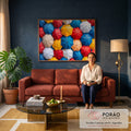 Quadro Decorativo Grande Guarda-Chuvas Coloridos para Sala | quadros decorativos para sala de estar | guarda-chuvas coloridos abertos vistos de baixo formando mosaico geométrico | em ambiente 3 | Porao dos Quadros
