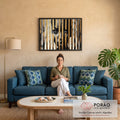 Quadro Decorativo Grande Rosto Listras Douradas para Sala | quadros decorativos para sala de estar | rosto feminino em preto e branco coberto por faixas douradas e cinza verticais | em ambiente 3 | Porao dos Quadros