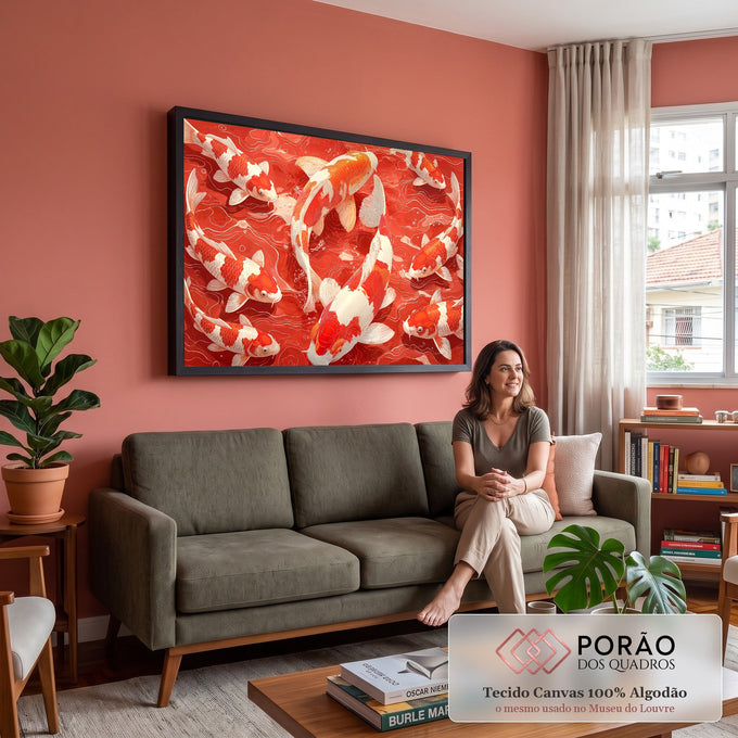 Peixes koi vermelhos e brancos nadando em círculo em água vermelha, ilustração japonesa, quadro decorativo