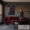 Rosa vermelha solitária entre rochas vulcânicas escuras em fundo preto e cinza, quadro decorativo