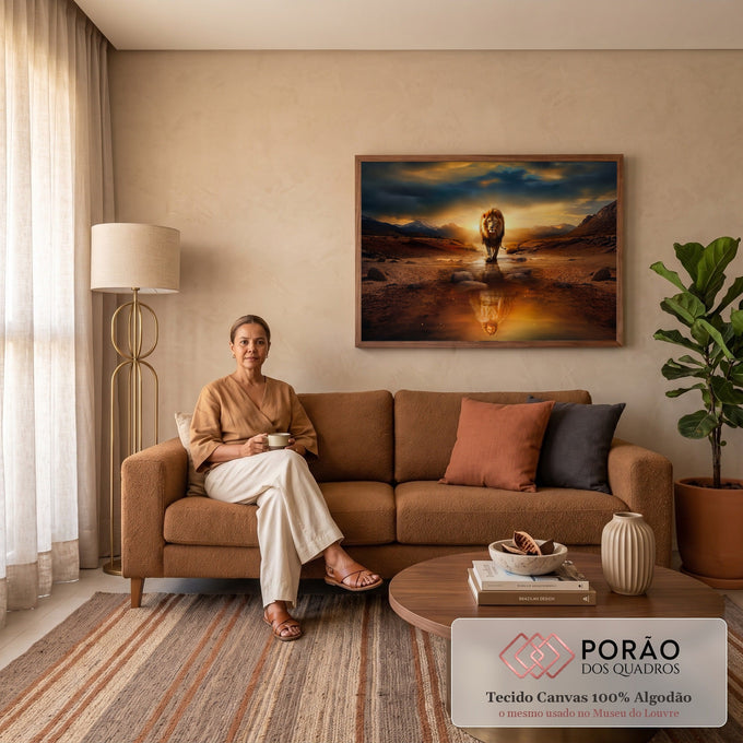 Leão caminhando em riacho ao pôr do sol com reflexo dourado na água e montanhas, quadro decorativo