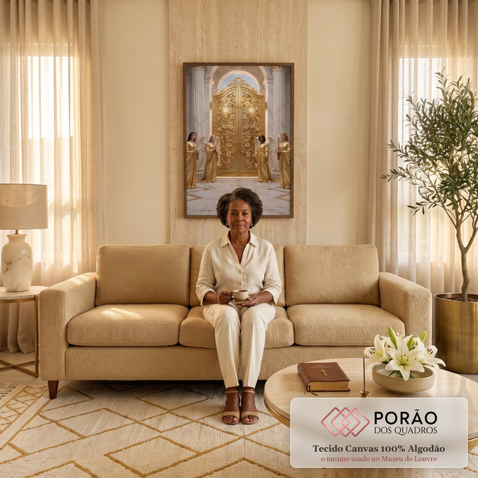 Quadro Decorativo Grande Anjos Dourados para Sala Dourado | quadros decorativos para sala de estar | quatro anjos dourados em oração diante de portão ornamentado de ouro entre colunas de mármore | em ambiente 3 | Porao dos Quadros