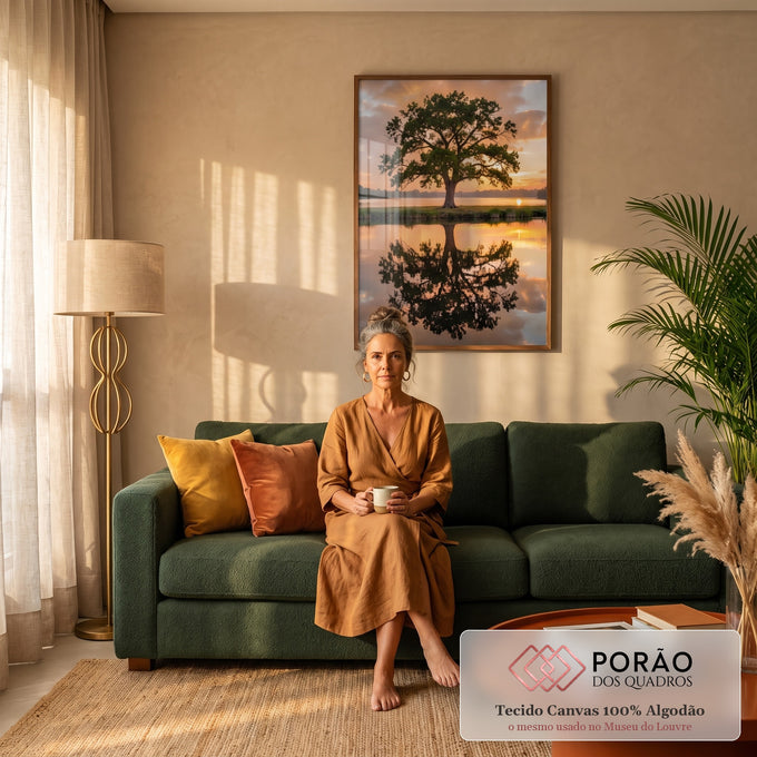 Árvore frondosa verde às margens de lago refletida na água ao pôr do sol laranja, quadro decorativo