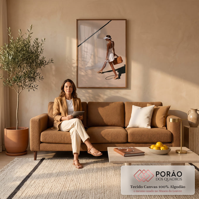 Quadro Decorativo Grande Mulher com Raquete para Sala Bege | quadros decorativos para sala de estar | mulher de vestido branco caminha em quadra de tênis bege com raquete e bolsa | em ambiente 3 | Porao dos Quadros