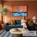 Quadro Decorativo Grande Veleiro no Mar para Sala Azul | quadros decorativos para sala de estar | veleiro navegando em ondas azuis estilizadas sob céu laranja com sol e pássaros | em ambiente 3 | Porao dos Quadros