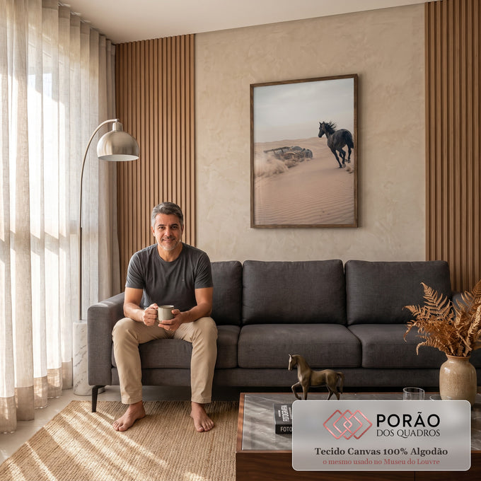 Cavalo negro galopando e carro esportivo levantando poeira nas dunas do deserto, quadro decorativo