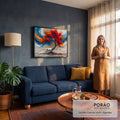 Pintura de árvore de folhas vermelhas com cavalo branco e redemoinhos azuis e laranja, quadro decorativo