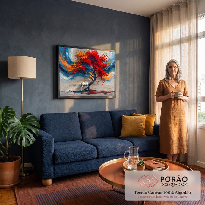Pintura de árvore de folhas vermelhas com cavalo branco e redemoinhos azuis e laranja, quadro decorativo
