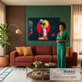 Quadro Decorativo Grande Faraó Egípcio para Sala Verde | quadros decorativos para sala de estar | faraó egípcio de perfil com coroa azul e dourada sobre fundo geométrico colorido | em ambiente 3 | Porao dos Quadros