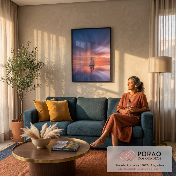 Quadro Decorativo Grande Veleiro ao Pôr do Sol para Sala | quadros decorativos para sala de estar | veleiro branco solitário em água espelhada sob céu de pôr do sol laranja e azul | em ambiente 3 | Porao dos Quadros