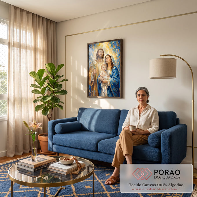 Quadro Decorativo Grande Sagrada Família para Sala Azul | quadros decorativos para sala de estar | Sagrada Família em estilo mosaico azul e dourado com auréolas e lírios brancos | em ambiente 3 | Porao dos Quadros