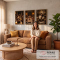 Quadro Decorativo Grande Última Ceia de Jesus para Sala | quadros decorativos para sala de estar | três cenas da Última Ceia com Jesus e apóstolos em tons dourados e marrons | em ambiente 3 | Porao dos Quadros