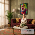 Quadro Decorativo Grande Jesus Pastor Vermelho para Sala | quadros decorativos para sala de estar | Jesus com cabelo longo segurando um cordeiro branco, em estilo geométrico colorido | em ambiente 3 | Porao dos Quadros