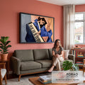Pianista de terno azul tocando piano de olhos fechados em pintura a óleo cubista, quadro decorativo