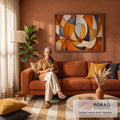 Quadro Decorativo Grande Abstrato Espiral para Sala | quadros decorativos para sala de estar | composição abstrata com círculos e curvas sobrepostos em tons de laranja, marrom e bege | em ambiente 3 | Porao dos Quadros