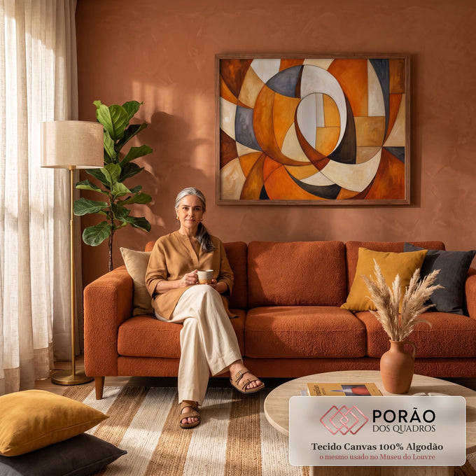 Quadro Decorativo Grande Abstrato Espiral para Sala | quadros decorativos para sala de estar | composição abstrata com círculos e curvas sobrepostos em tons de laranja, marrom e bege | em ambiente 3 | Porao dos Quadros