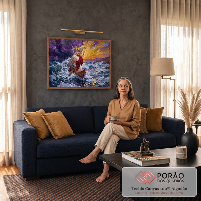 Jesus no barco com apóstolos acalmando o mar revolto sob céu roxo e dourado, quadro decorativo