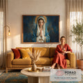 Quadro Decorativo Grande Nossa Senhora Cruz para Sala Azul | quadros decorativos para sala de estar | Nossa Senhora de olhos fechados em oração, manto azul e auréola dourada | em ambiente 3 | Porao dos Quadros