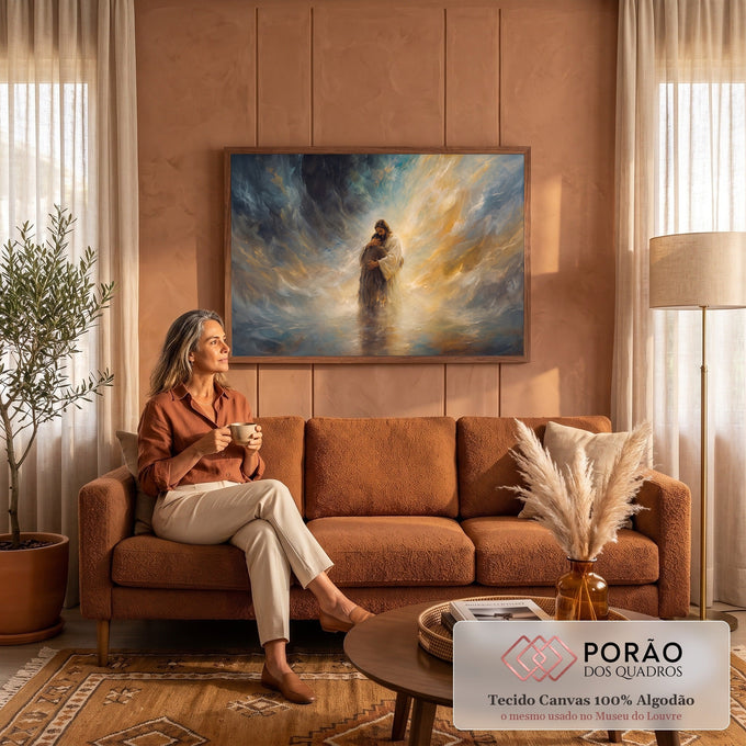 Pintura de Jesus abraçando uma pessoa sobre as águas, com luz dourada e nuvens azuis, quadro decorativo