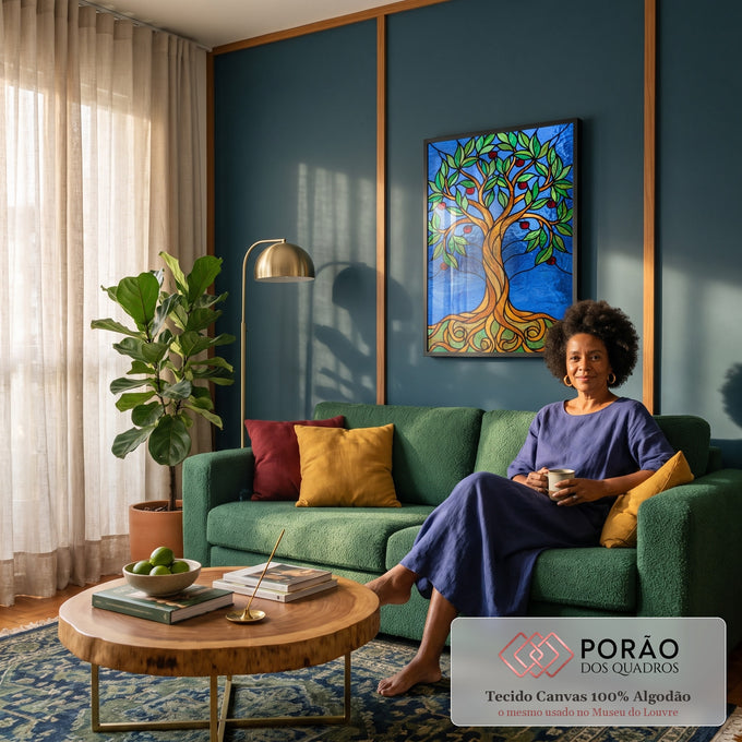 Quadro Decorativo Grande Árvore da Vida para Sala Azul | quadros decorativos para sala de estar | árvore estilizada em efeito vitral com tronco dourado, folhas verdes e frutos vermelhos sobre fundo azul | em ambiente 3 | Porao dos Quadros
